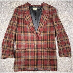 LL Bean Vintage 100% Wool Blazer Jacket Size 8R Red/Navy/Gold Lined Made In USA